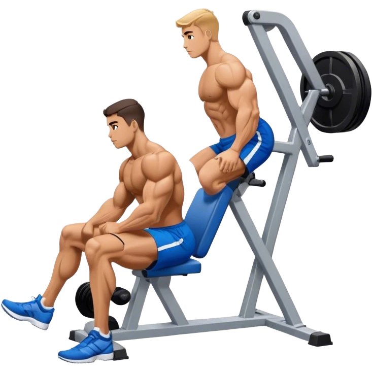 side-view bodybuilder in blue shorts seated weighted calf-raise machine on his tip toes emoji