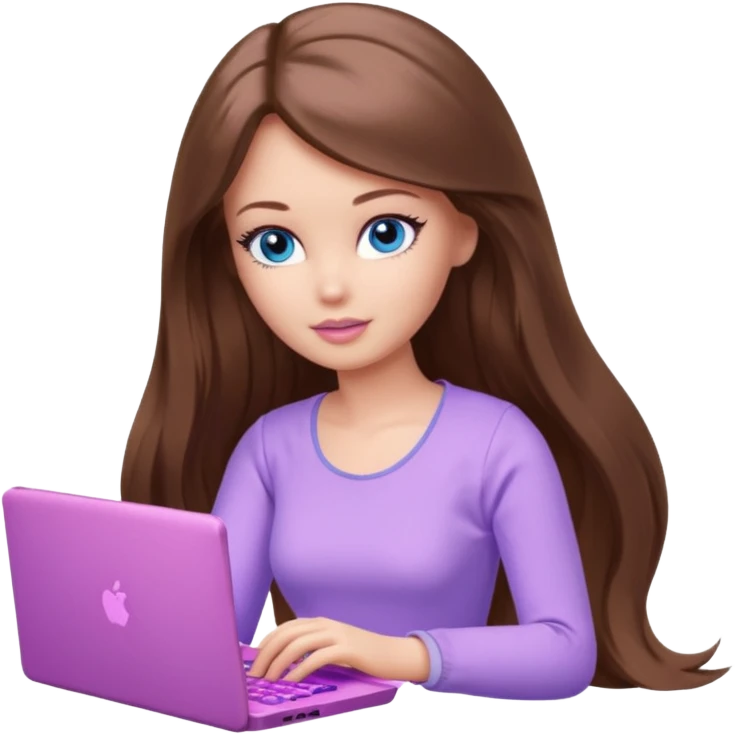 beautiful barbie girl with long brown hair, blue eyes and wearing light purple clothes playing pc games emoji