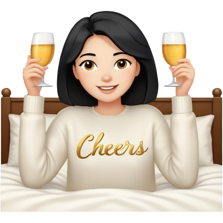 A woman with shoulder-length black hair, light to medium skin tone, full cheeks, and almond-shaped eyes, wearing a white sweater with the word 'cheers' in gold script, lying comfortably on a bed with soft lighting, joyful and radiant expression, no drinks. emoji