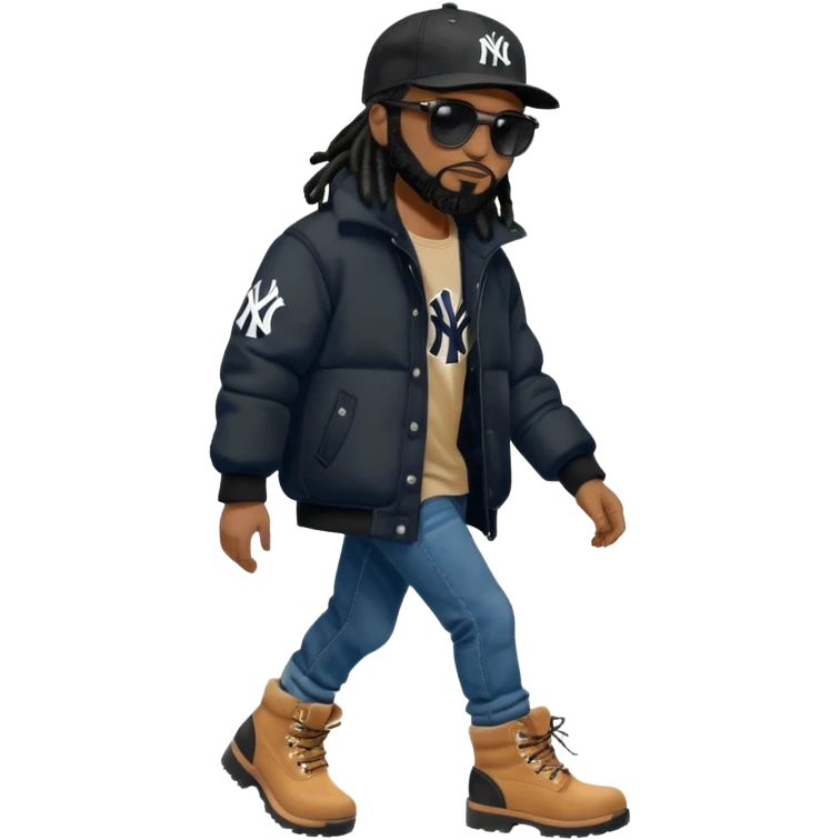 African American man with shoulder length black dreadlocks with black beard wearing black sunglasses wearing a black New York Yankees logo baseball cap wearing a black bubble winter coat wearing denim skinny jeans putting on timberland boots on his feet emoji