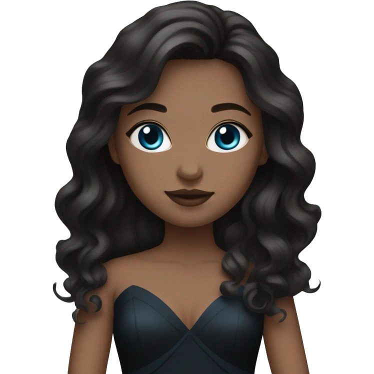 White Girl with wavy dark brown long hair, blue eyes in a black wedding dress emoji