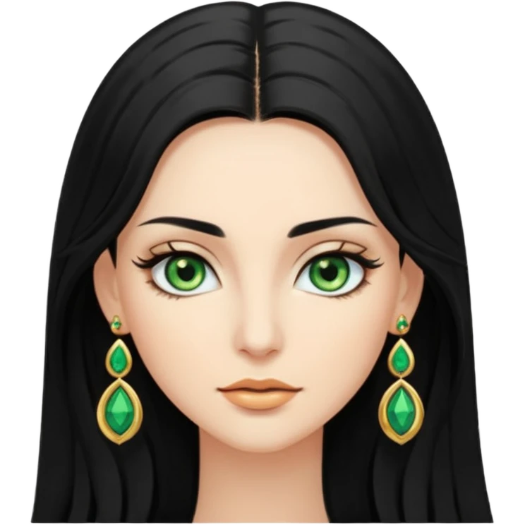 Attractive woman with long black hair and long eyelashes and green eyes and gold jewelry emoji