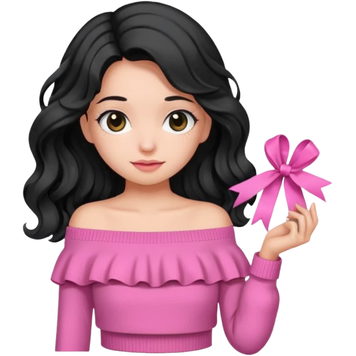 Girl with black wavy little long hair and a ribbon hair clip beside it make it look like wearing a pink off shoulder sweater  emoji