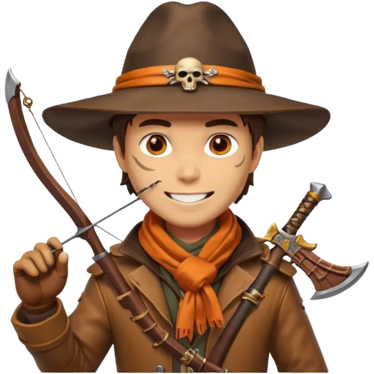 male human monster hunter emoji, wearing brown leather coat and wide hat, holding crossbow or rifle, with amulet shaped like skull, Halloween fantasy theme, confident smile, orange scarf, Apple emoji style, clean white background, square image emoji