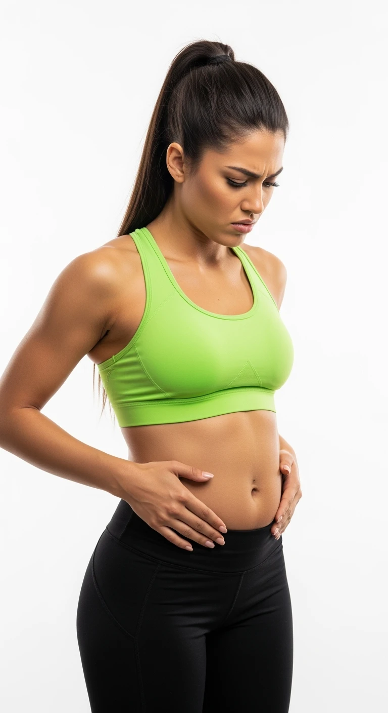DONNA FITNESS CHE SI TOCCA LA PANCETTA CON ESPRESSIONE INSODDISFATTA IN VOLTO, iperrealistico 4k, ISOLATA SU SFONDO BIANCO emoji