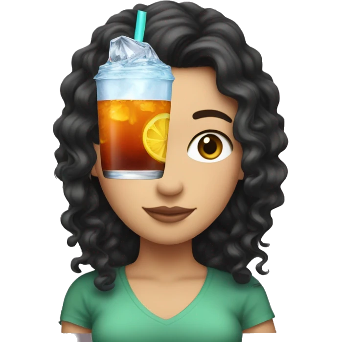 white girl with long black curly hair holding a brisk ice tea emoji