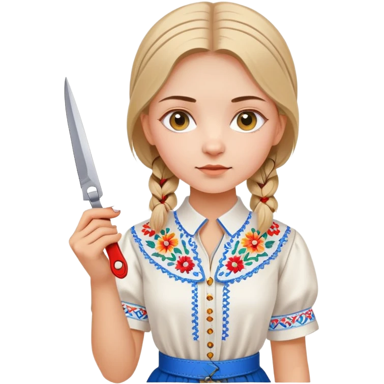 Ukrainian young girl in a white embroidered traditional shirt (vyshyvanka) holding scissors and colored cardboard emoji