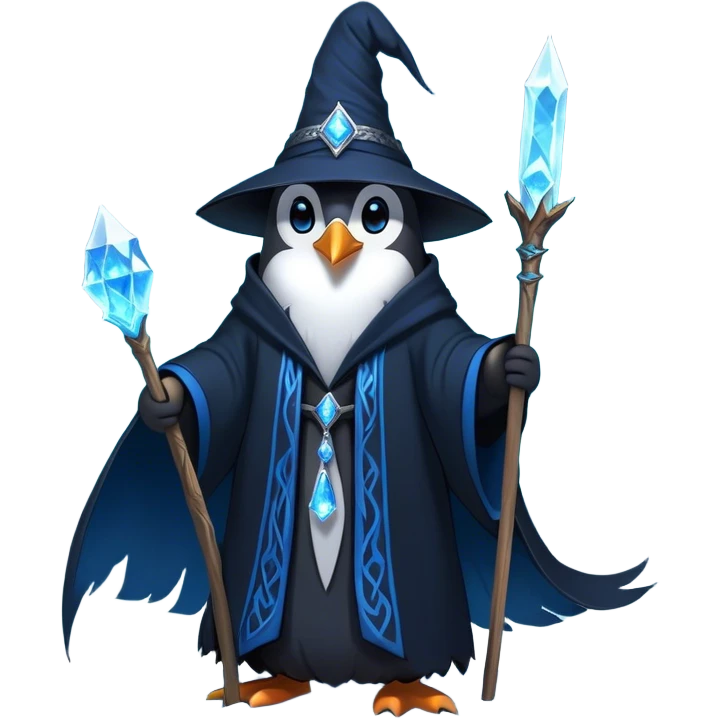 A mysterious penguin mage with sleek midnight-blue feathers, wearing a flowing black robe adorned with silver runes. A tall, pointed wizard hat sits slightly tilted on his head, the brim casting a shadow over his glowing icy-blue eyes. His flipper clutches an ancient wooden staff topped with a swirling crystal, radiating a soft, cold light. Snowflakes drift around him as he stands on a frozen cliff, his aura crackling with arcane energy, ready to summon a blizzard with a flick of his staff. emoji
