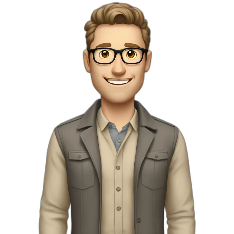 Joyful Pale skinned Fit Man With dark brown hair in gray jacket, beige office shirt, Brown pants and vintage glasses. His thrumbs up emoji