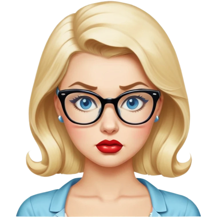 Blonde hair, blue eyed, wearing glasses 50's style pinup looking very sexy pouting  emoji