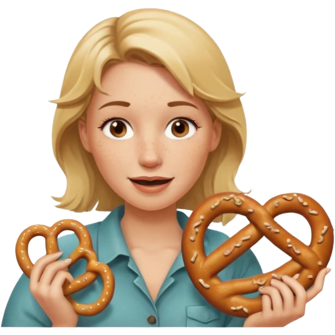 Winking, Dirty blond woman, fair skin with freckles,  holding pretzel emoji