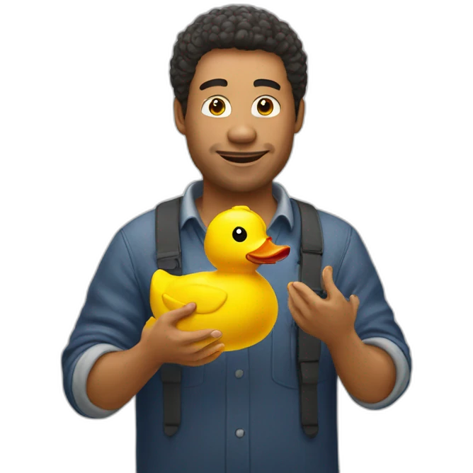 A man talking to rubber duck emoji