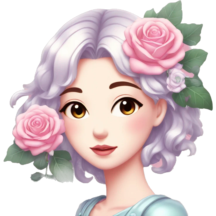 Gorgeous pastel shiny pearly anime style lady with blushing face and roses leaves shiny aesthetic trending style emoji
