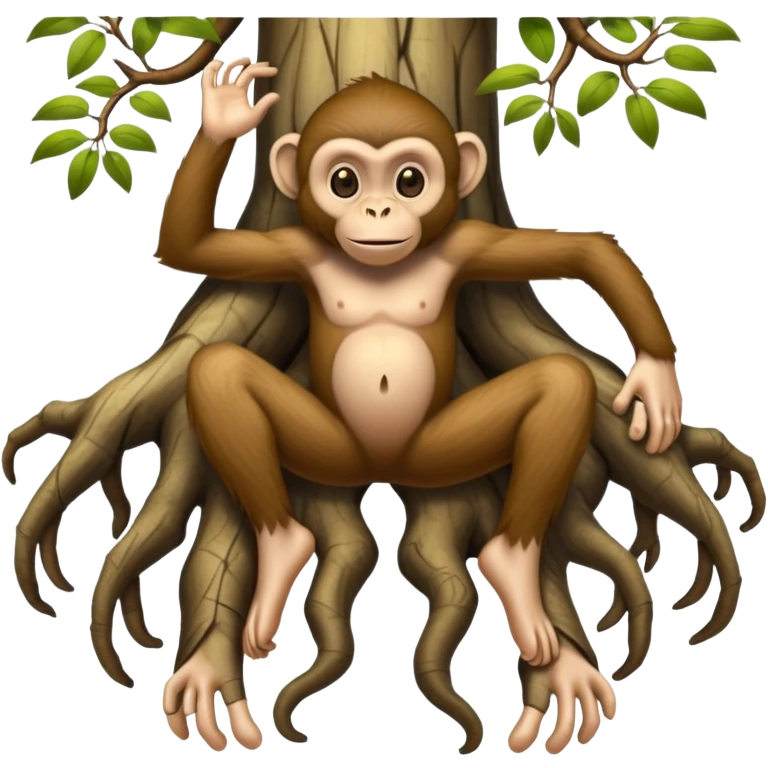 A creature with realistic human feet at the bottom, tree roots forming the legs, and a cartoon monkey face on top emoji