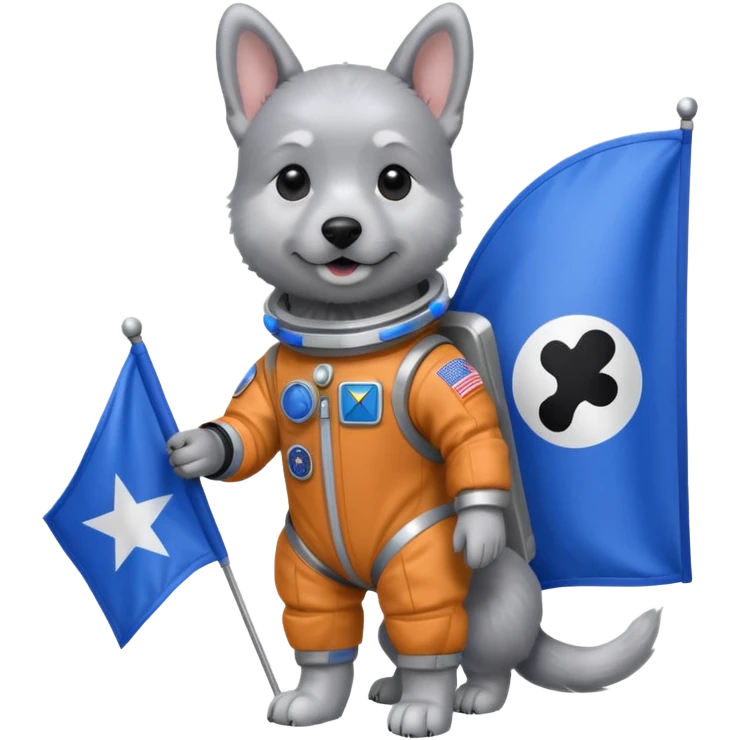 a gray dog in space suit, holding blue rectangle flag, full body, front view emoji