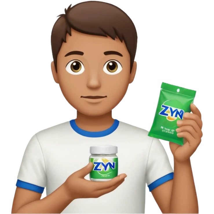 Man holding Zyn spearmint snus in palm and a white pouch in the other emoji