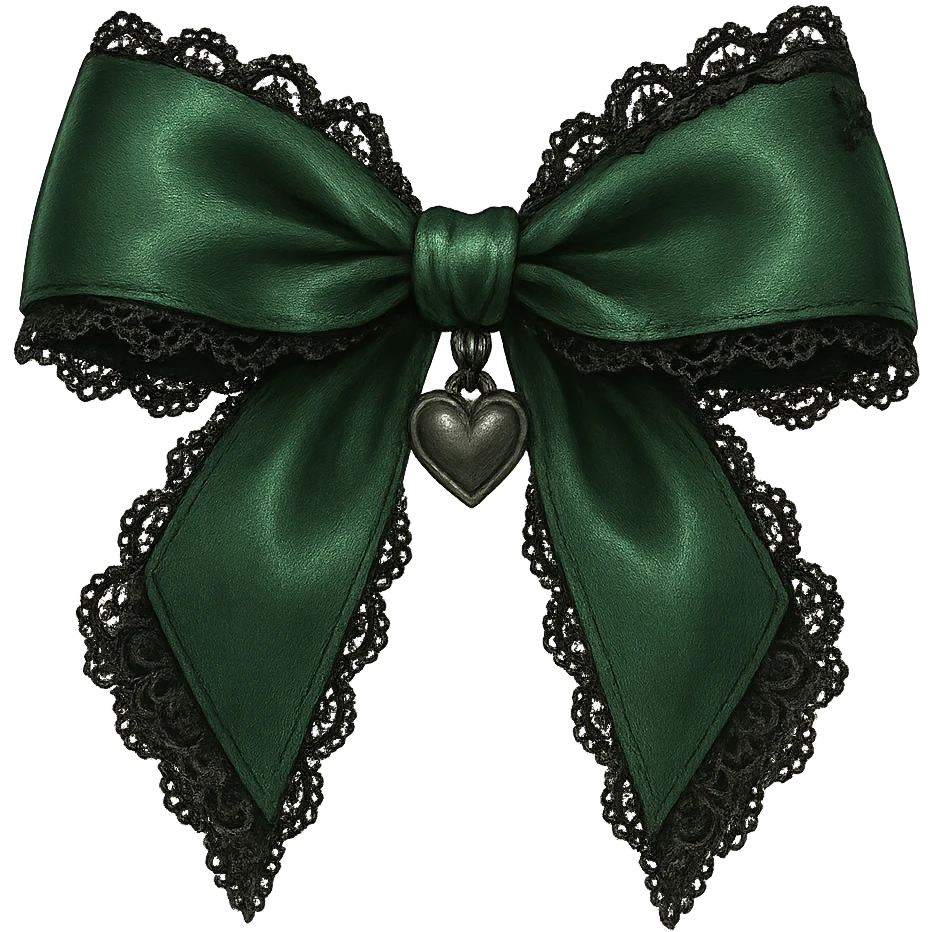 green gothic bow with black lace trim and heart charm, remove background emoji