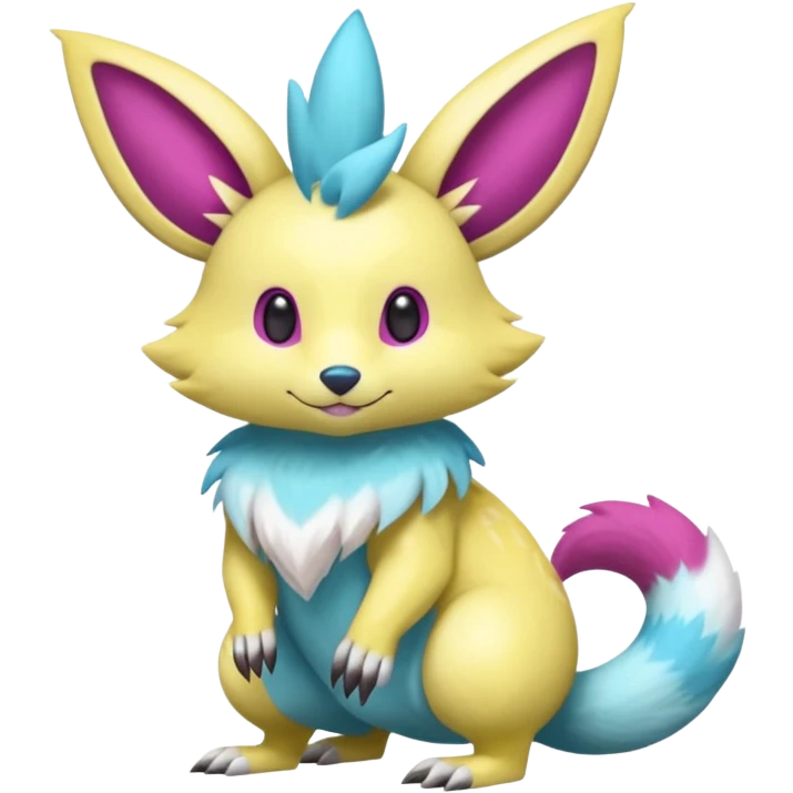 Shiny smooth silky soft Cyan-Yellowish-Magenta Minccino-Zeraora-Emolga-Vernid-Sergal-fusion-hybrid-animal-creature, full body emoji