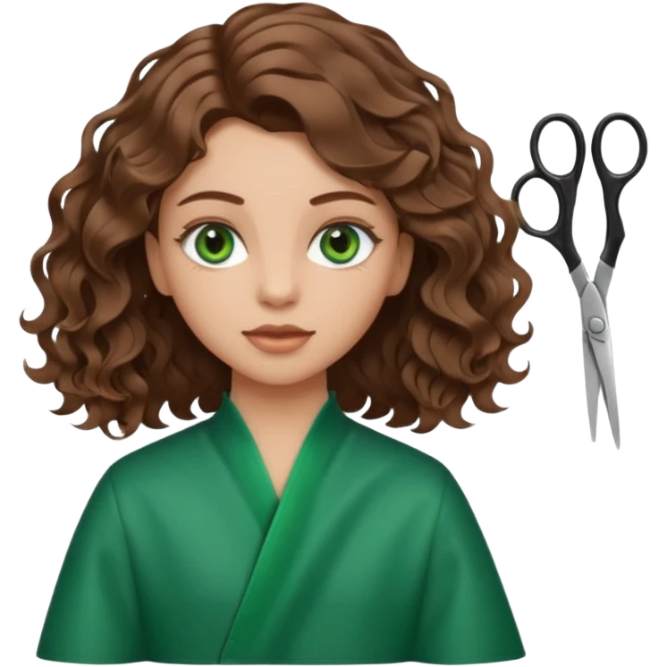 Girl with green eyes and brown wavy hair getting haircut with scissors emoji