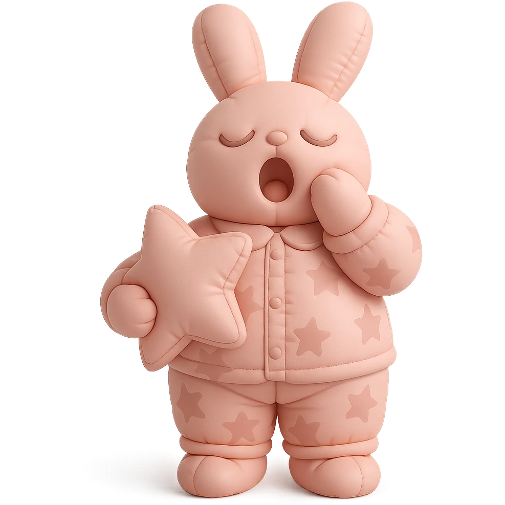 full-body pastel pink bunny in star-pattern pajamas, holding a star-shaped pillow, yawning with sleepy eyes, standing pose, cushion style emoji