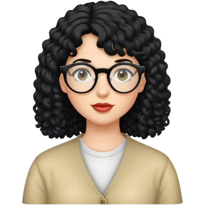 Mulher branca de cabelo preto estilo mullet cacheado e óculos redondo emoji