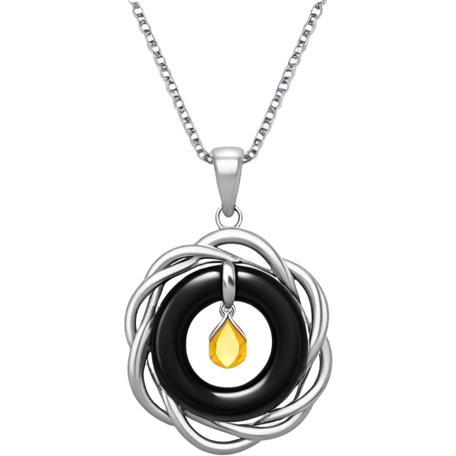 polished onyx pendant radiating a soft glow, silver chain dynamically twisting to represent resilience emoji