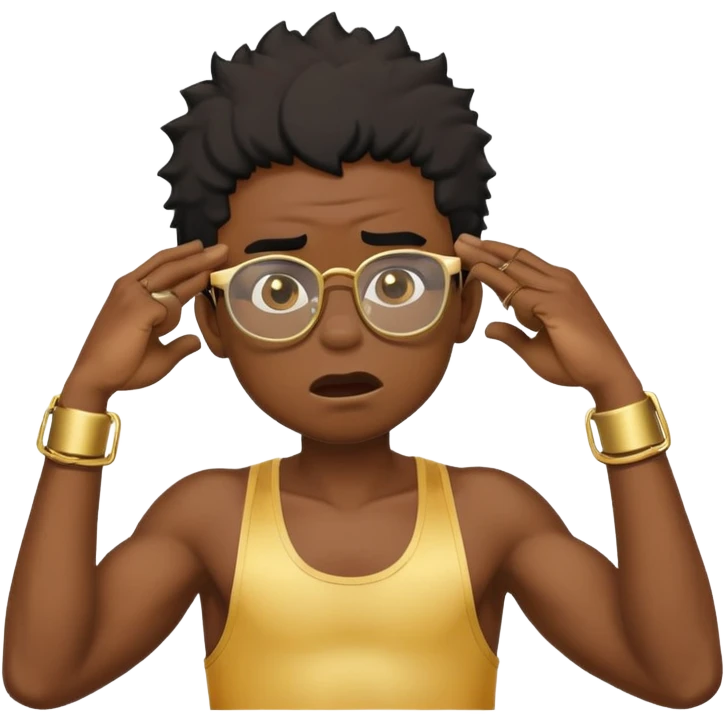black boy in stringer with gold glasses frustrated pulling hair emoji