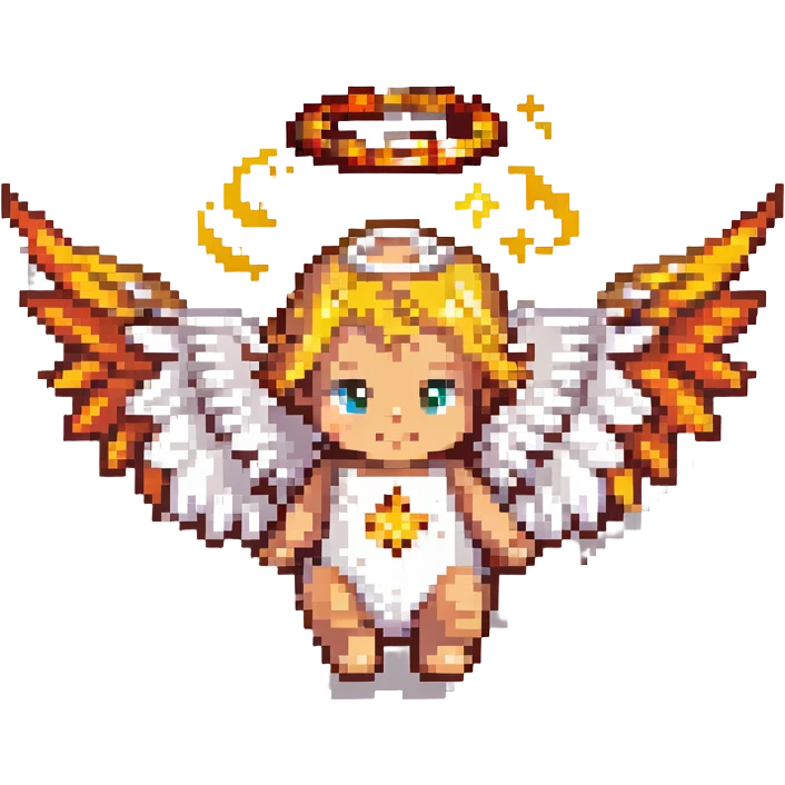 baby fire angel, pixel art, small wings, golden halo, fire elements emoji