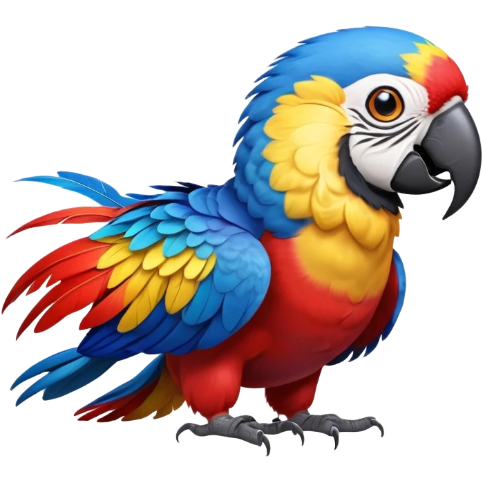 cinematic-macaw-realistic-full-body-standing-emoji,-vibrant-feathers-glowing-with-rich-reds,-blues,-and-yellows,-head-tilted-dramatically,-curved white-beak-gleaming,-piercing-dark-eyes-exuding-confidence,-simplified-yet-realistic-focused emoji