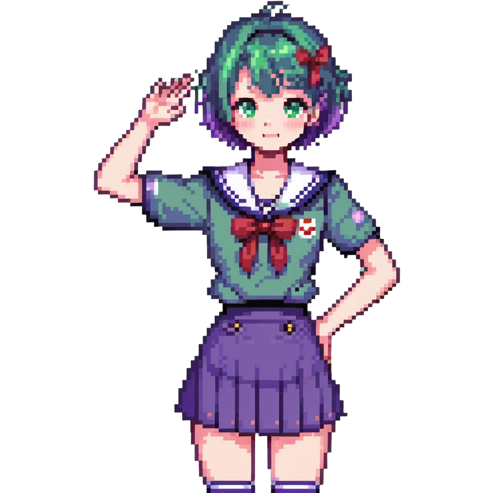 Pixel art anime girl with short bright purple hair wearing Japanese sailor style school uniform, trying to look confident with hand on hip but nervously waving with a shy blush and timid smile emoji