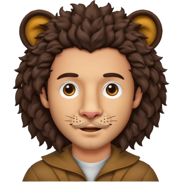 Make a guy with curly big dark browns hair and medium skin then give him lion ears and a little facial hair emoji