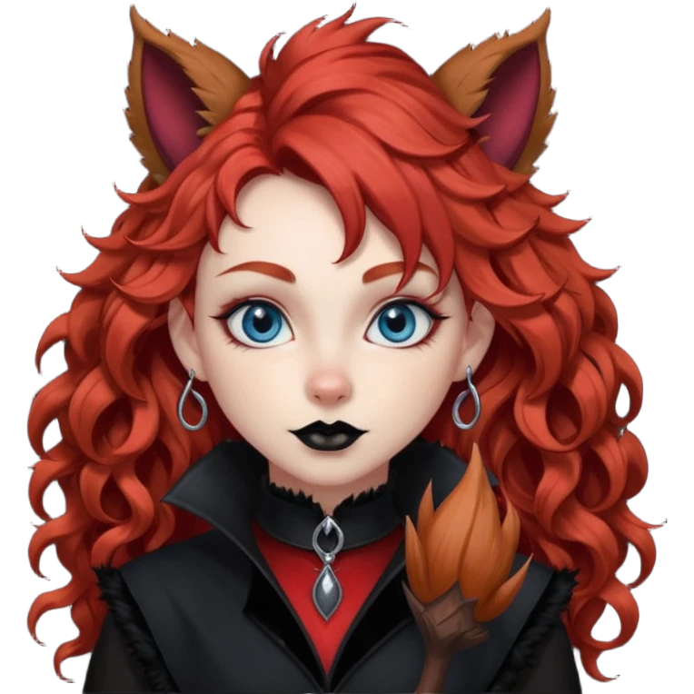  long curly red hair (darker), red pointed ears with black trim, black goth outfits, body and face human, blue eyes, more pointy chin, black lipstick, big fluffy red squirrel tail with black tips, like the attached photo with more outfits and poses,  emoji