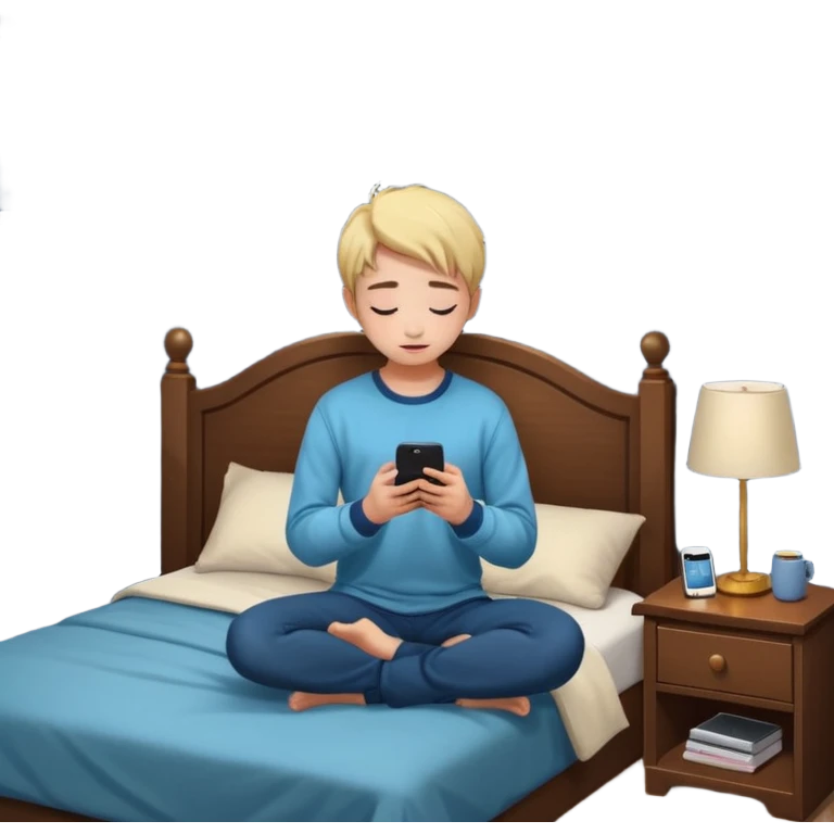 Gen Z teen kneeling by bed praying at night, phone on nightstand, casual outfit, bedroom with posters emoji