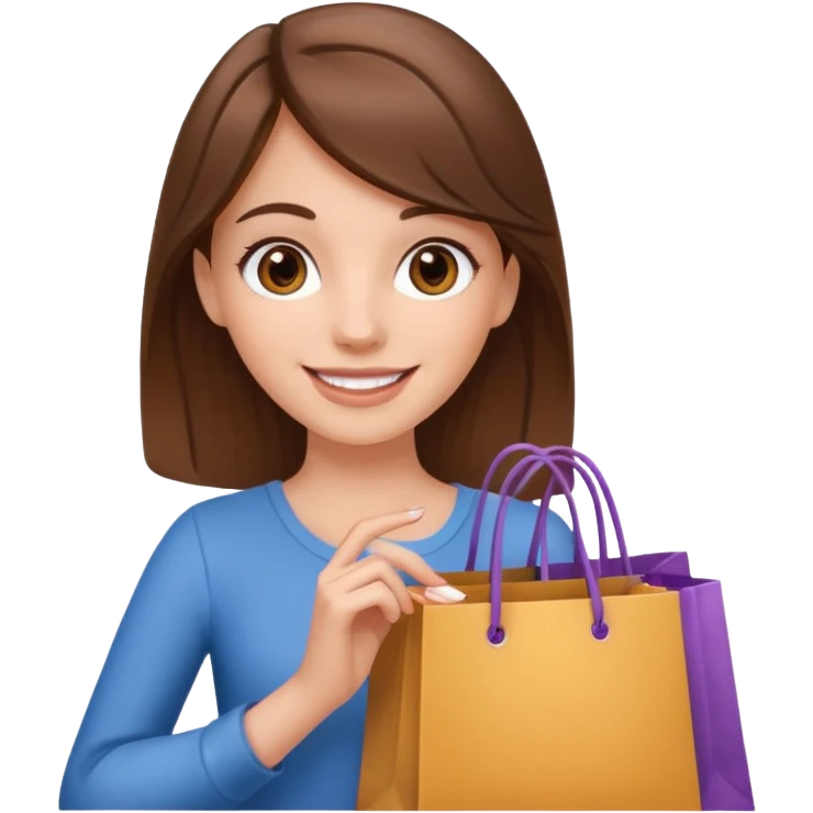 white girl with brown hair and brown eyes holding shopping bags emoji