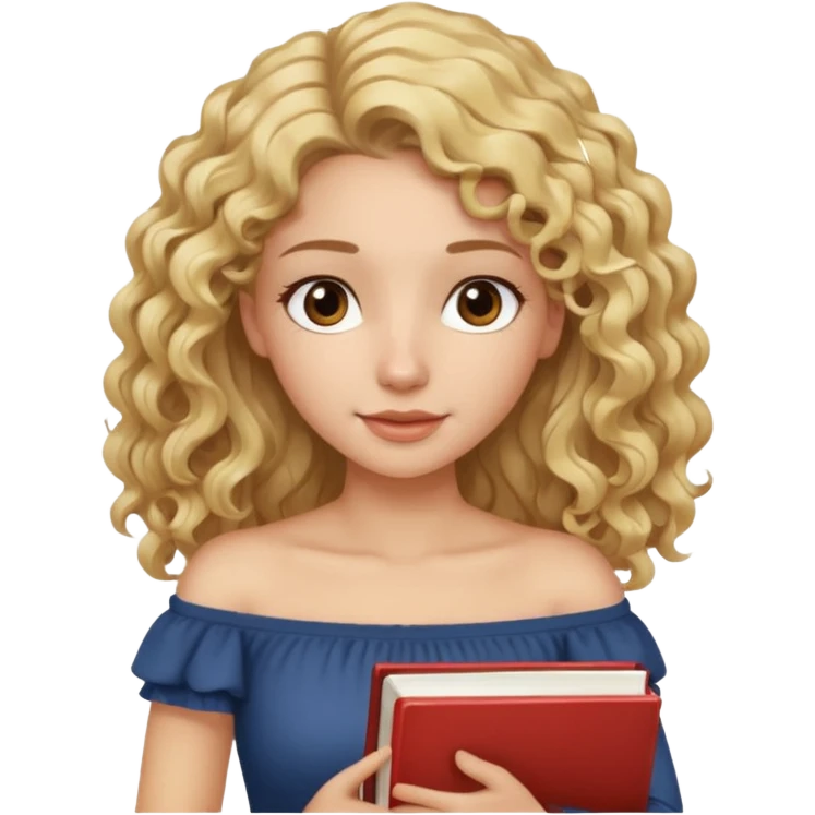 woman with long curly blond hair, brown eyes, wearing an off-shoulder top, studying emoji