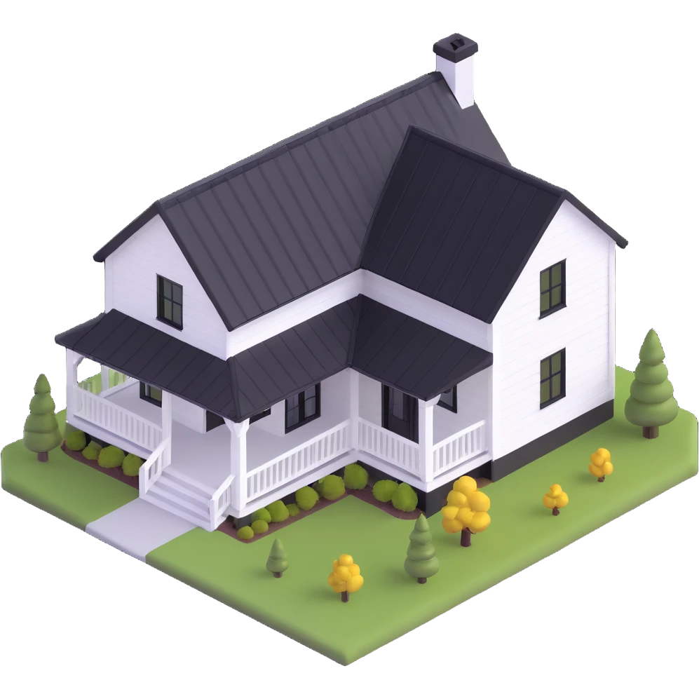 modern farmhouse with white siding, black roof and black trim, isometric emoji