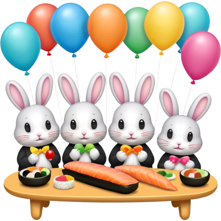four bunnies together eating sushi at a birthday party, vibrant, balloons, sushi platters, birthday banner, party hats, festive, different poses, emoji style, all four bunnies clearly visible emoji