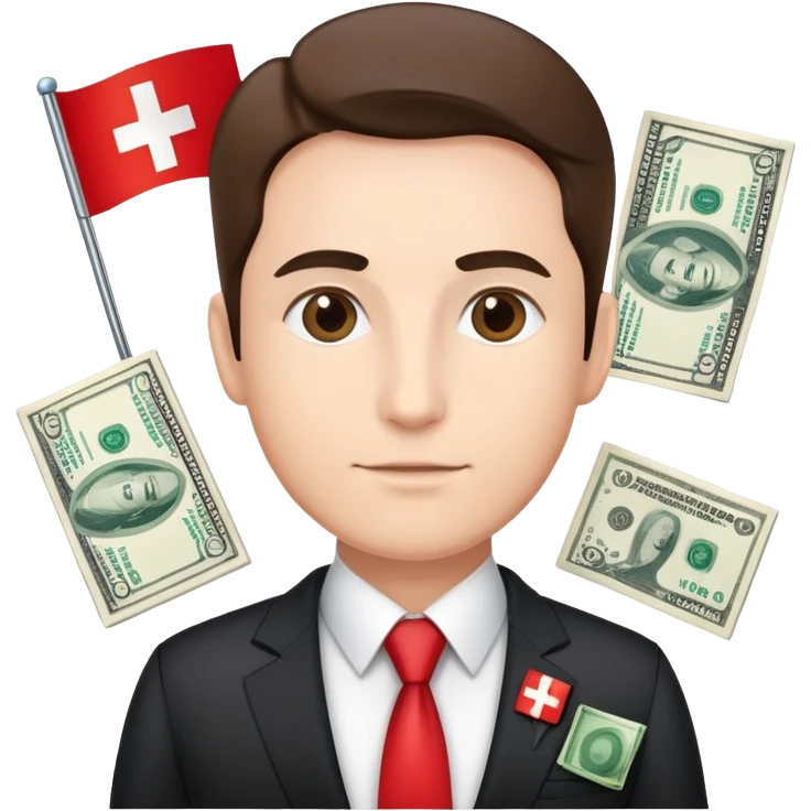 Swiss financial expert with business suit, Swiss flag pin, charts and money emoji