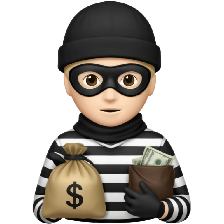A emoji of a person wearing a black and white robber outfit and a black winter hat and a black mask and a Money Bag emoji