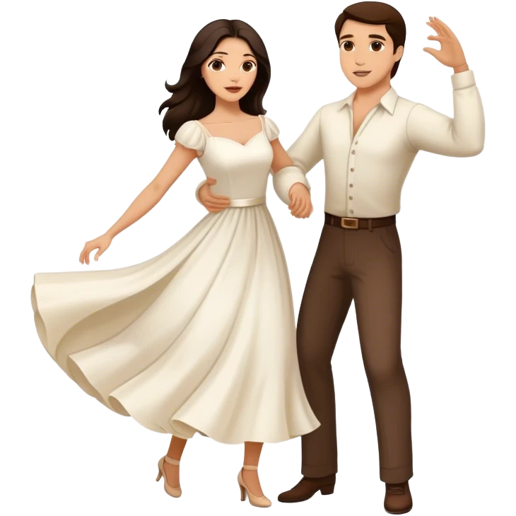 Beautiful woman in 1950’s woman fashion look, white dress, long dark brown hair, balboa couple dance  emoji