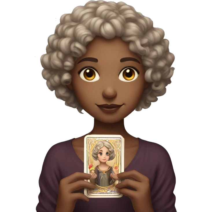 a girl with fair skin, short curly hair, holding tarot cards. emoji