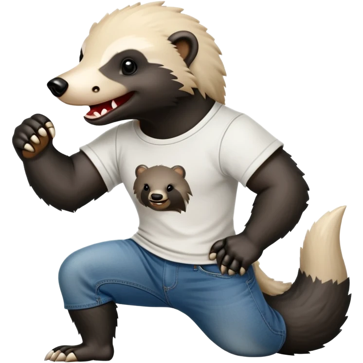mischievous anthropomorphised honey badger in jeans and a t-shirt, playful expression emoji