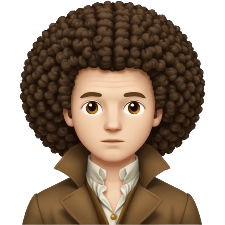 pale man, 1700s, white shirt brown coat, big afro curly hair, not too animated, no jewelry emoji