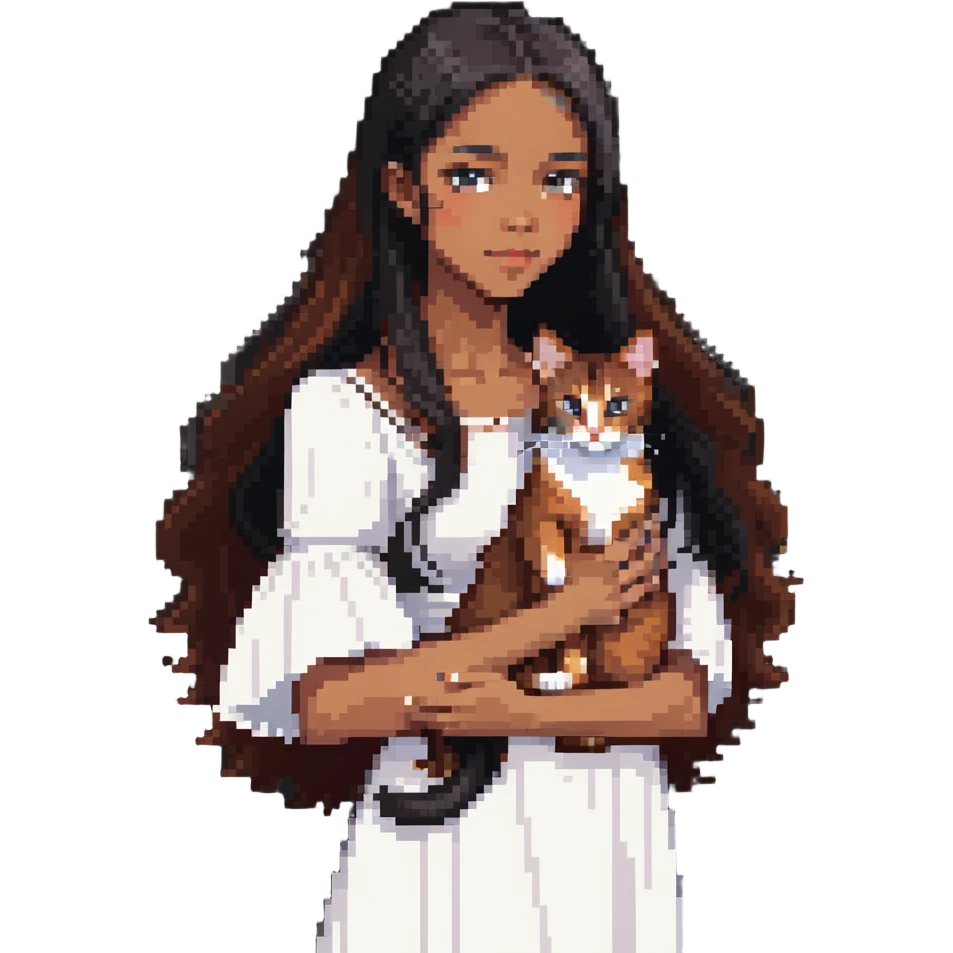 beautiful girl with long black hair wearing a white dress holding an Abyssinian cat with reddish-brown fur in her arms emoji
