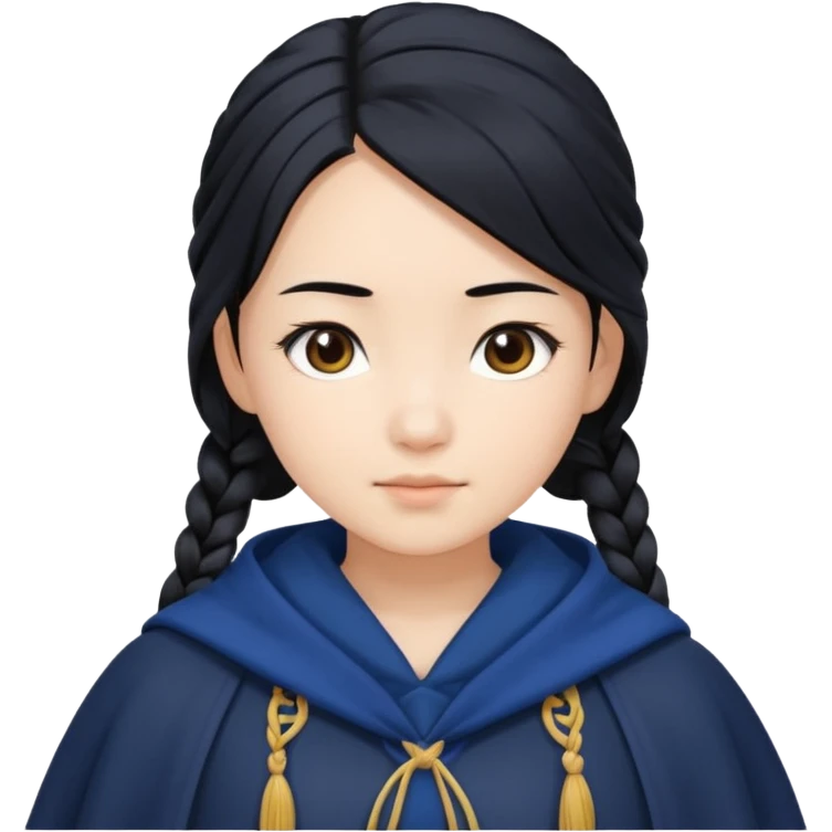 braid black hair, white asian girl, dark blue cloak emoji