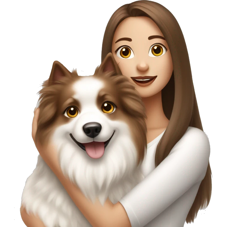 beautiful girl with brown hair with her cream white spitz dog emoji