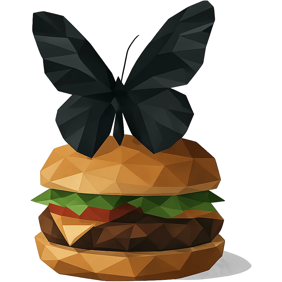 low-poly polygonal style black butterfly sitting on a burger emoji