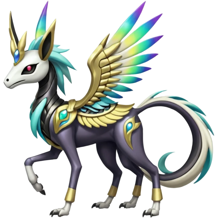 Colorful Shiny Tribal Skeletal masked armored Meloetta-Silvally-Solgaleo-Raikou-Pokémon-Digimon-Fakémon-fusion-hybrid-creature, full body emoji