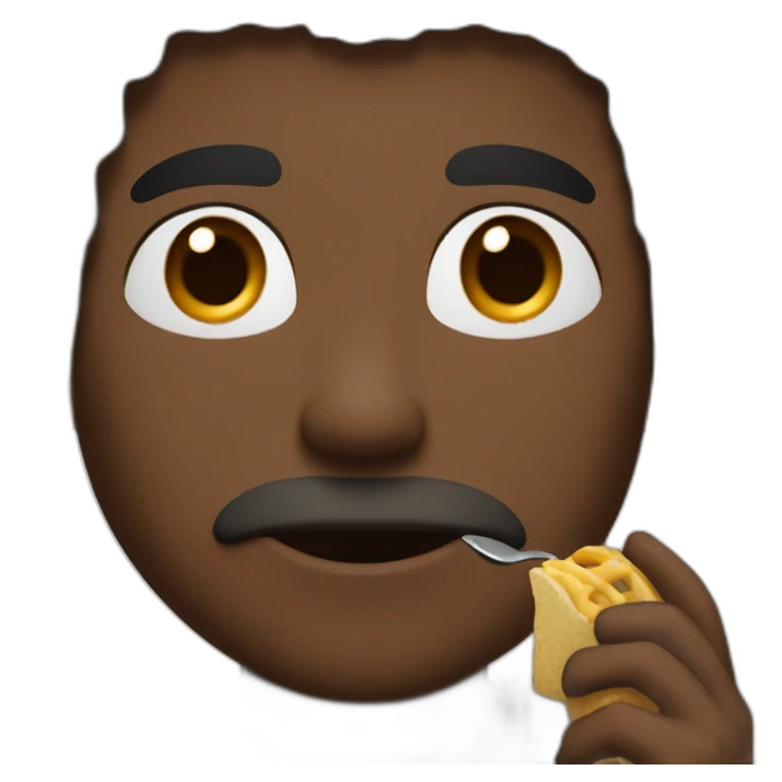 A man with brown skin, blanck hair and black eyes eating hal emoji