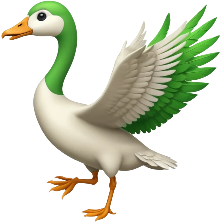 Emoji of a running goose with a very long neck and two legs. Use 🪿 shape but color it bright green (#39C700). The wings should be folded close to the body, not flapping. The legs should be clearly in a running motion, showing dynamic movement, not static. emoji